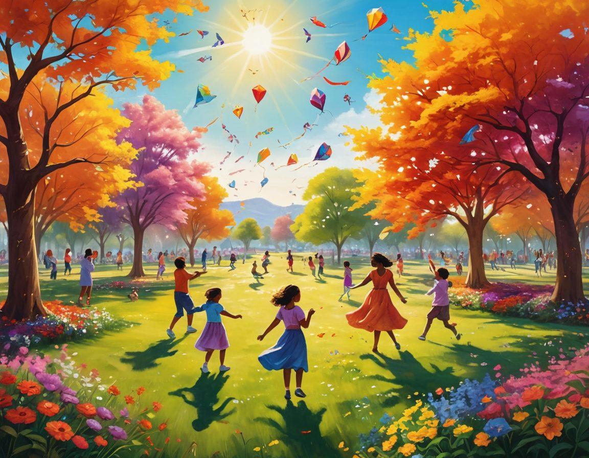 A lively scene depicting a diverse group of people engaging in joyful activities, such as dancing, painting, and playing games in a colorful park filled with blooming flowers and playful animals. The sun shines brightly, casting warm light, and vibrant kites soar in the sky. Emphasize the sense of fun and exuberance, inviting viewers to embrace their playful side. super-realistic. vibrant colors. cheerful atmosphere.