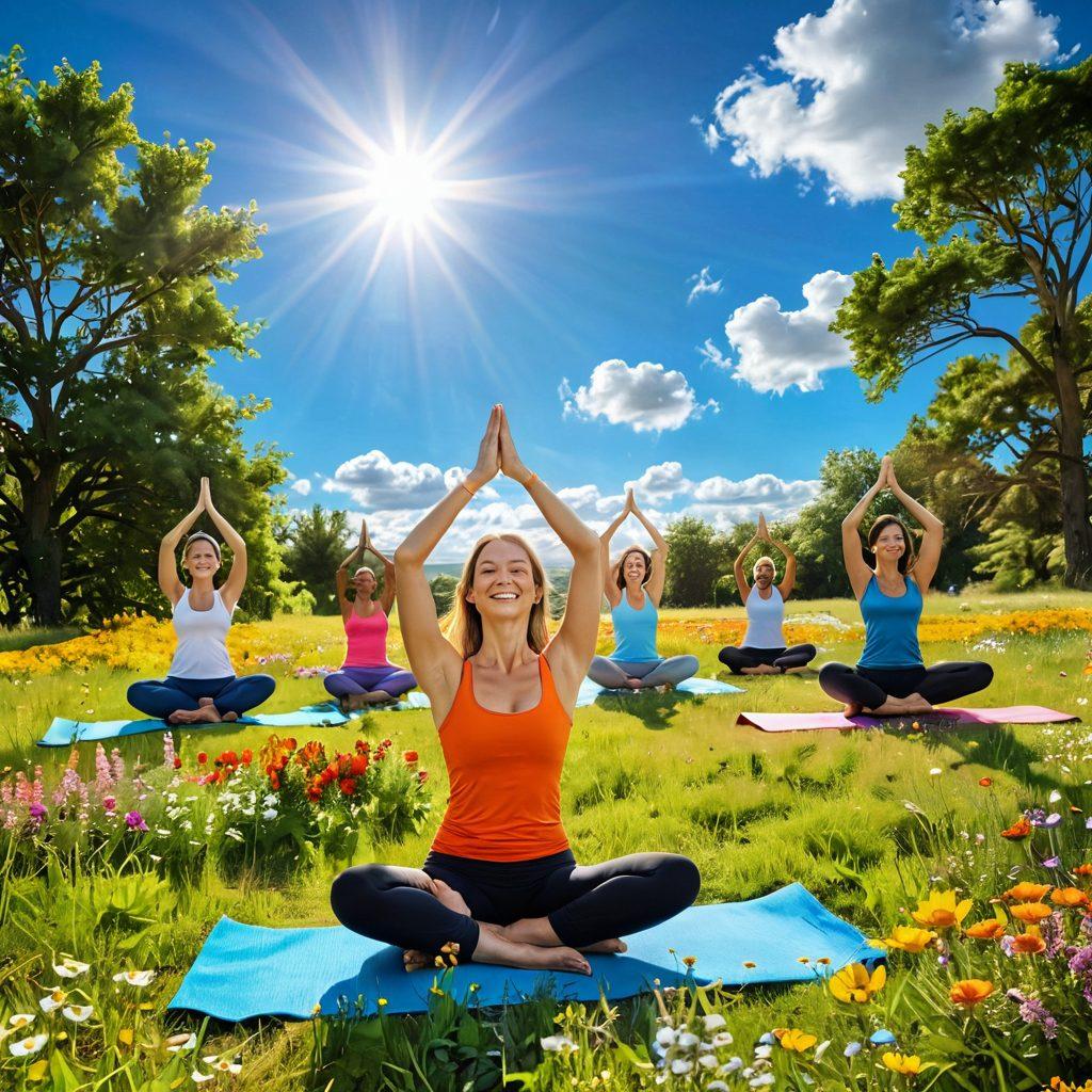 A radiant sun shining over a lush green meadow filled with colorful wildflowers, symbolizing vibrancy and energy. In the foreground, a diverse group of joyful people practicing yoga, laughing, and engaging in various cheerful activities. A clear blue sky with fluffy white clouds adds to the uplifting atmosphere. Super-realistic. Vibrant colors. 3D.
