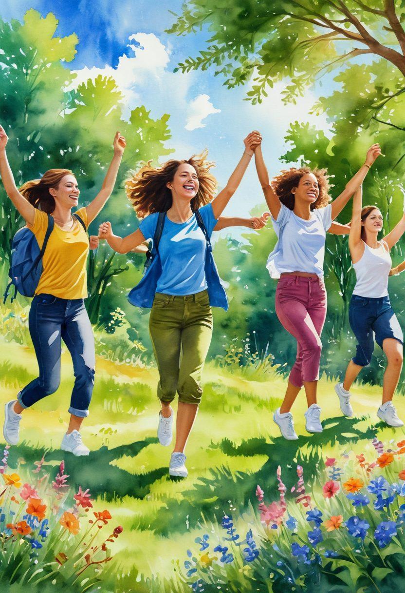 A vibrant scene depicting a diverse group of joyful young adults engaging in energetic activities like dancing, hiking, and meditating in a sunlit park filled with colorful wildflowers. Each person radiates happiness and vitality, symbolizing a youthful spirit. The background features clear blue skies and lush green trees, creating an atmosphere of positivity and adventure. watercolor style. bright colors. organic shapes.